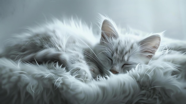 Милый белый котенок глубоко спит на мягком белом одеяле