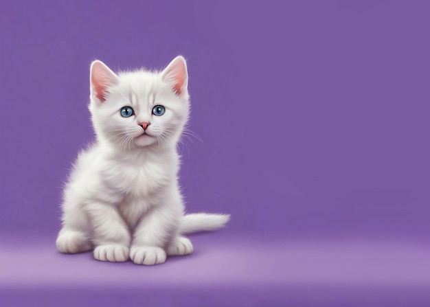 Cute white kitten isolated on a lilac background copy space with place for text