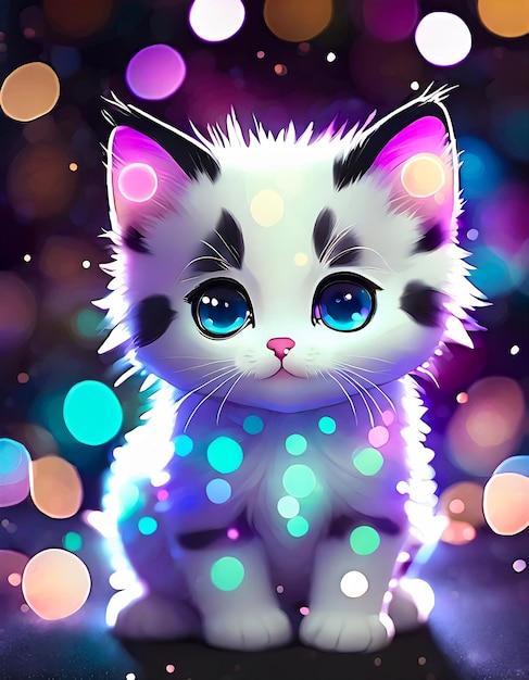 Photo cute white kitten kawaii illustration cute cat cat fantasy portrait