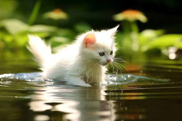 Photo cute white kitten playing in the water