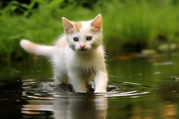 Photo cute white kitten playing in the water