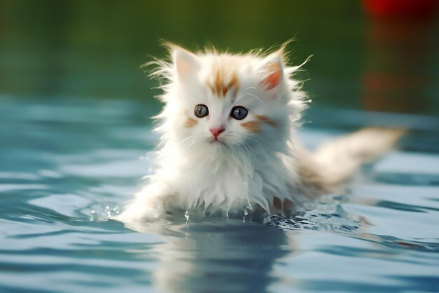 Photo cute white kitten playing in the water