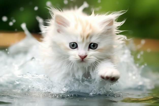 Photo cute white kitten playing in the water