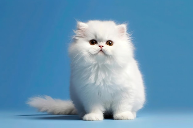 A cute white kitten portrait on blue background looking something