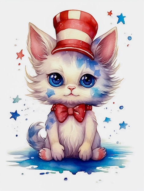 빨간색 미국 발 모자와 파란 눈의 타이를 입은 귀여운  새끼 고양이