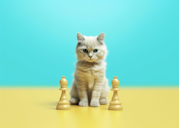 Cute white kitten sitting playing chess on light blue and yellow background