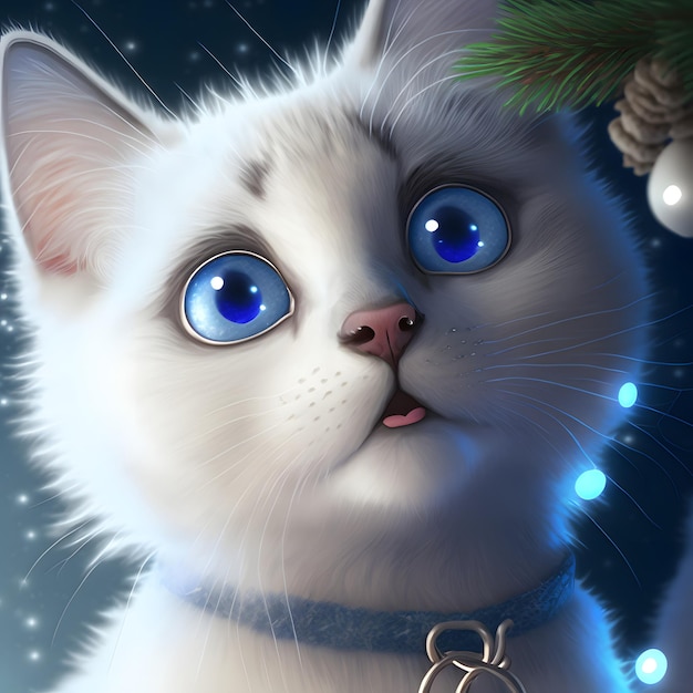 Cute white kitten with blue eyes and blue collar closeup portrait neural network generated art