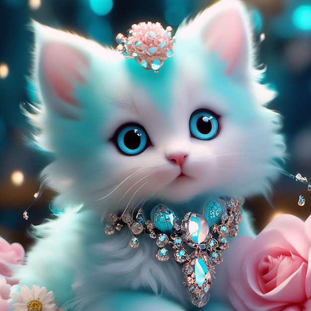 Cute white kitten with blue eyes in a crown of flowers