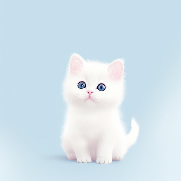 Cute white kitten with blue eyes isolated on blue background