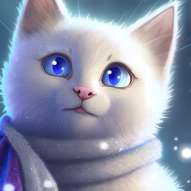 Cute white kitten with blue eyes and white scarf closeup portrait neural network generated art