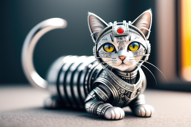 Cute white metal cyber cat robot