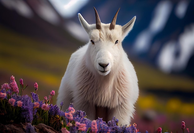 Cute white mountain goat among the flowers on top of the rock