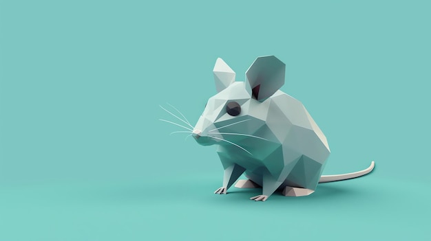 A cute white mouse made of polygons The mouse is sitting on a blue background and looking at the camera The mouse has big ears and a long tail