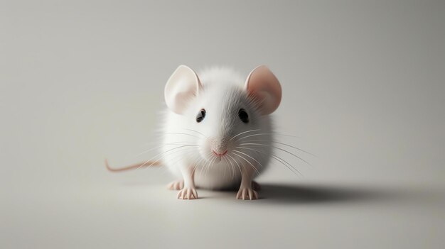 A cute white mouse with pink ears and a long tail is sitting on a white background