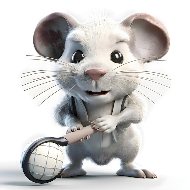 Cute white mouse with a tennis racket on a white background