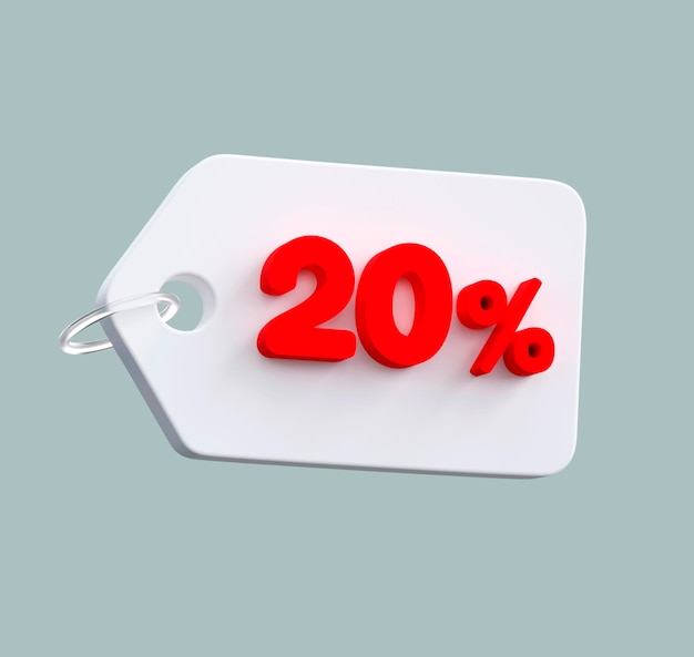 Cute white price tag with red twenty percent off 3D render