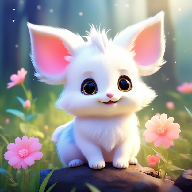 cute white rabbit on the background of a forest 3D illustration cute white rabbit on the back