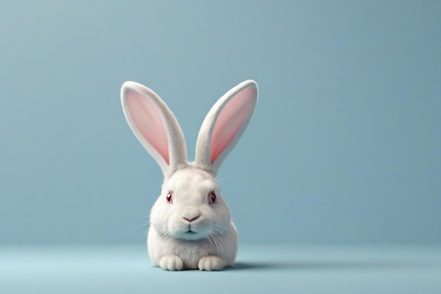 Cute white rabbit on blue background Easter concept Copy space