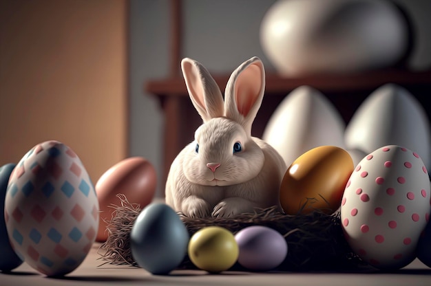 Cute white rabbit sitting on easter eggs