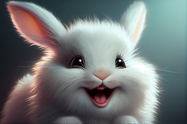 Cute white rabbit Smiling fluffy bunny portrait Generative AI