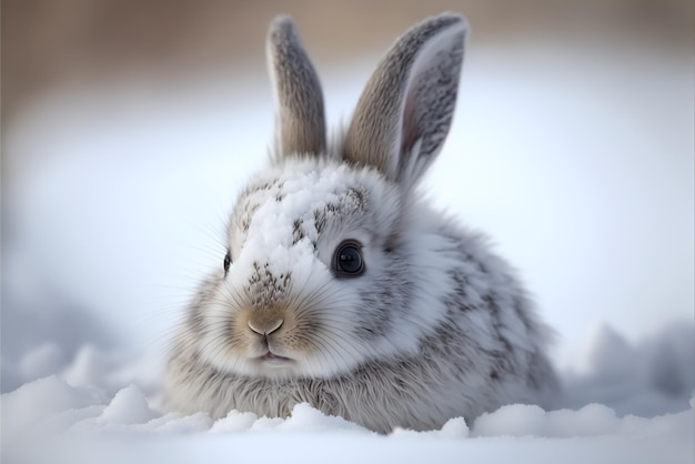 Cute white rabbit in the snow Photorealistic illustration AI Generated