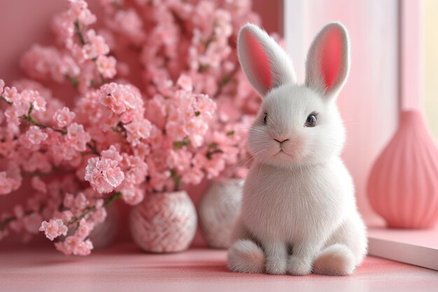 Cute white rabbit toy sitting on a pink table against a bouquet of pink flowers Postcard concept