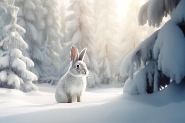 Cute white rabbit in winter forest Easter bunny in snowy forest