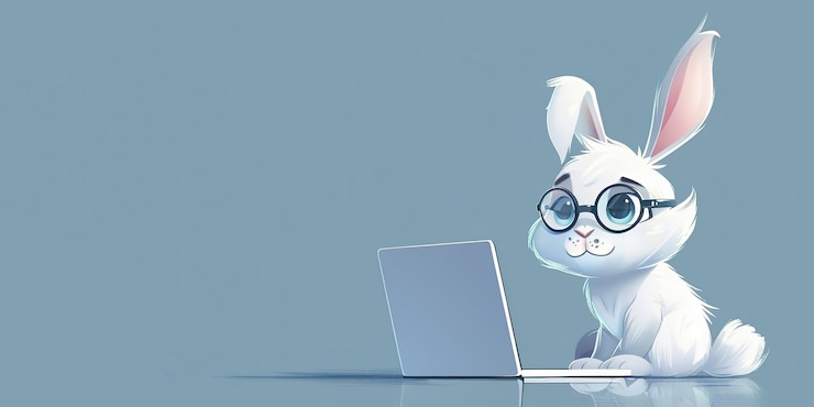 Photo cute white rabbit with glasses and laptop on blue background ai generated