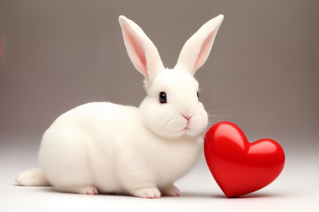 Photo cute white rabbit with a red heart for valentine on a white background happy valentines day