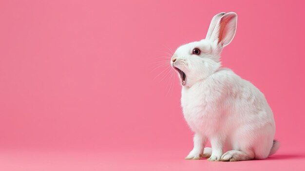 A cute white rabbit with a surprised face and open mouth on a pink background Easter symbol space for text