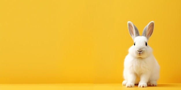 Photo cute white rabbit on yellow background with copy space for text