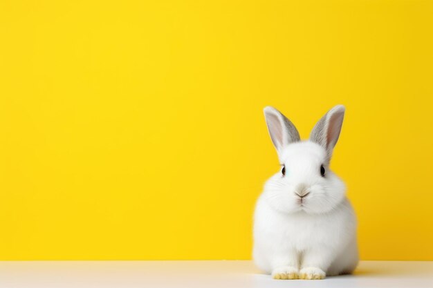 Photo cute white rabbit on yellow background with copy space for text