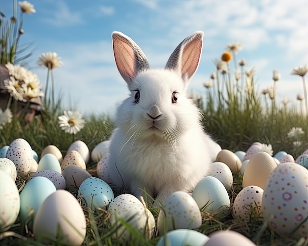 Милые белые кролики и красочные пасхальные яйца на зеленой траве