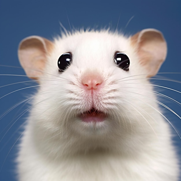 Photo cute white rat on blue background closeup portrait