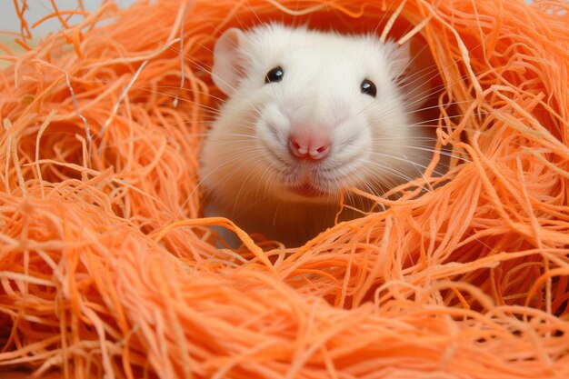 Cute white rat in a nest of orange threads