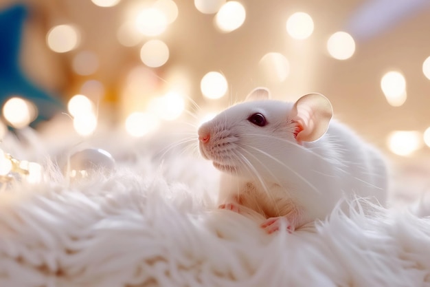 Cute white rat with bokeh on background
