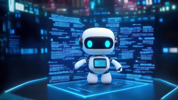 cute white robot surrounded by streams of programming data ai programming online programming programming workshops