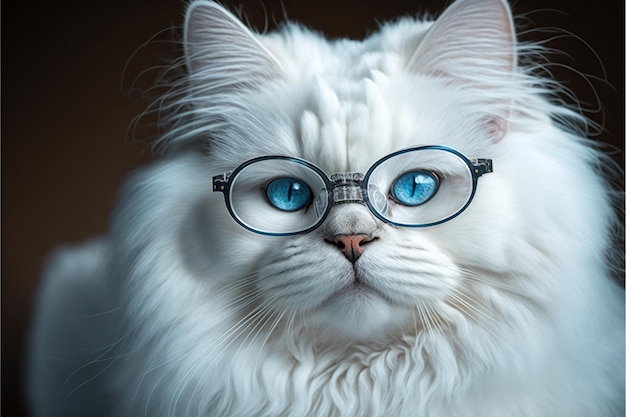 Cute white Siberian cat portrait with nerd glasses on plane background