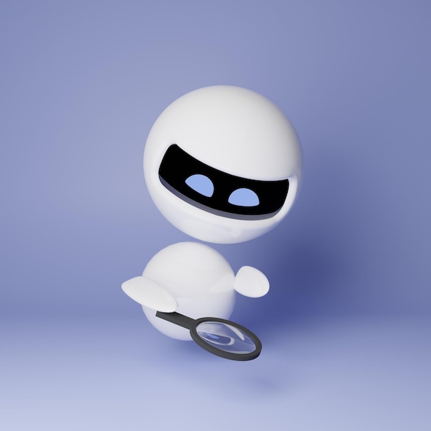 Photo cute white small robot searching for something with a magnifying glass on a blue background 3d rende