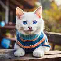 Photo cute white smiley cat with beautiful blue eyes