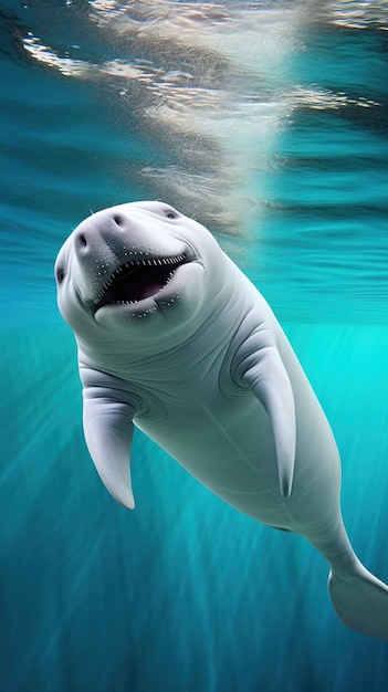 Cute white whale swimming in the deep blue sea ai generative