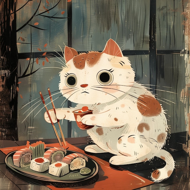 Милый белый с коричневыми пятнами кошка ест суши и маки ролл иллюстрация в азиатском стиле Дизайн плаката fo
