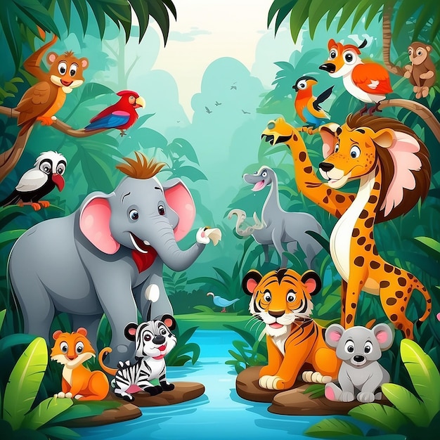 Cute wild animals cartoon in the jungle