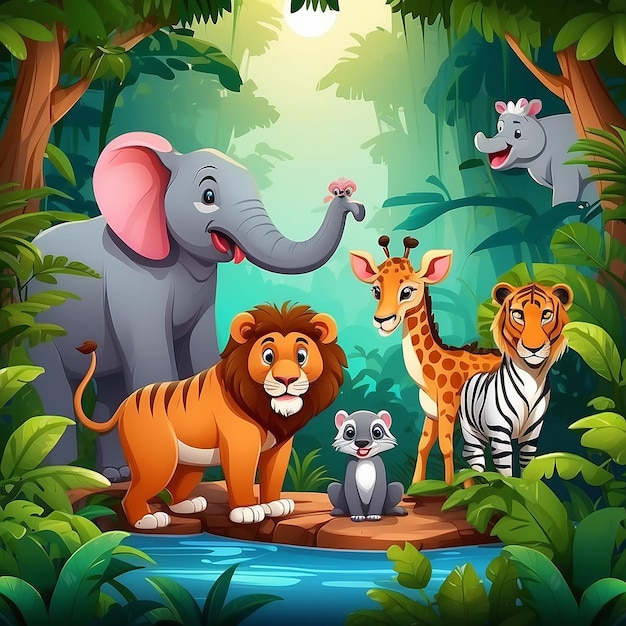 Cute wild animals cartoon in the jungle