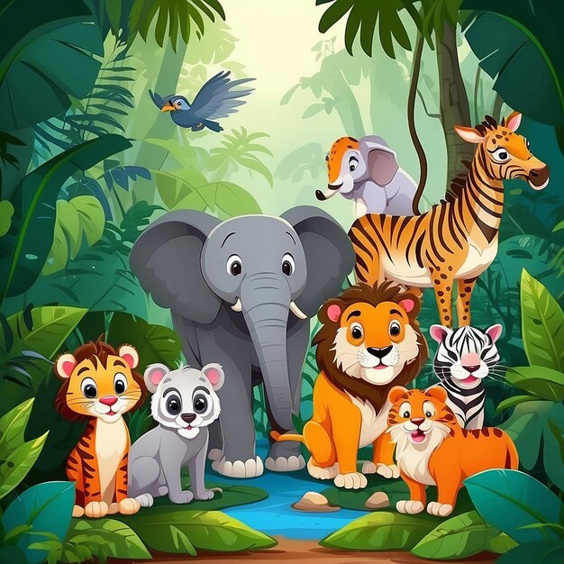 Cute wild animals cartoon in the jungle