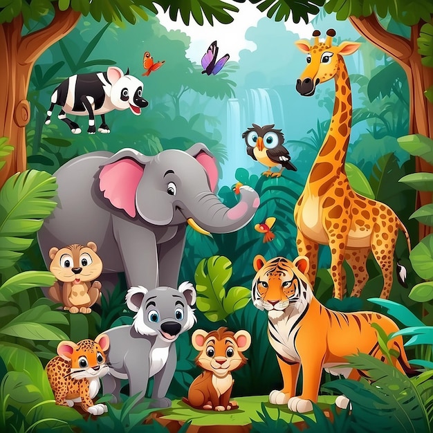 Cute wild animals cartoon in the jungle