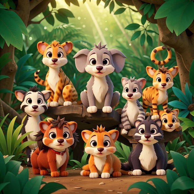 Cute wild animals cartoon in the jungle