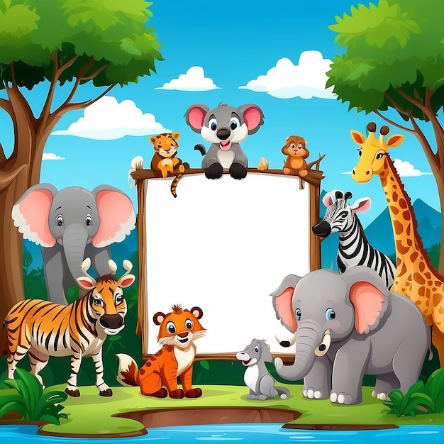 Cute wild animals cartoon with blank board