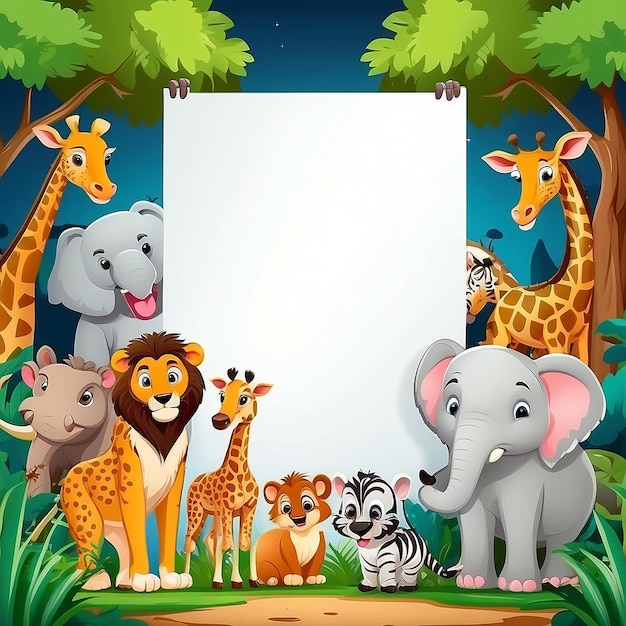 Cute wild animals cartoon with blank board