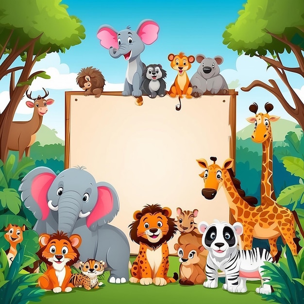 Cute wild animals cartoon with blank board